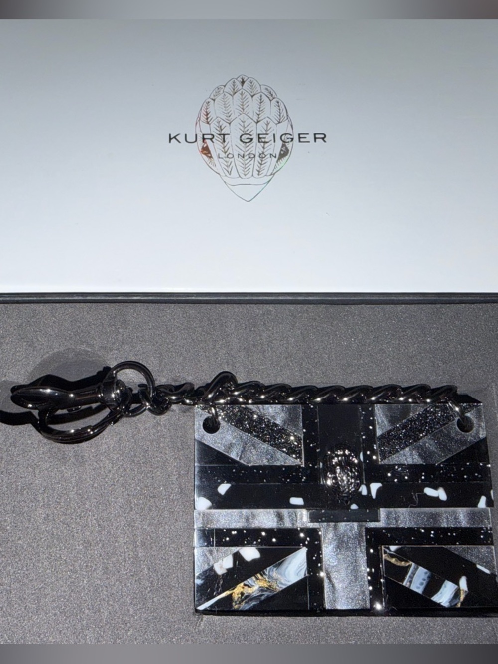 Kurt Geiger Black & Silver Acrylic Union Jack Bag Charm NWOT